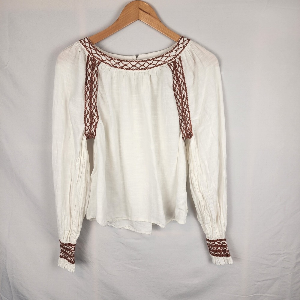 Faherty Arles‎ Embroidered White Long Sleeve Boho Airy Blouse Women's Size XL
